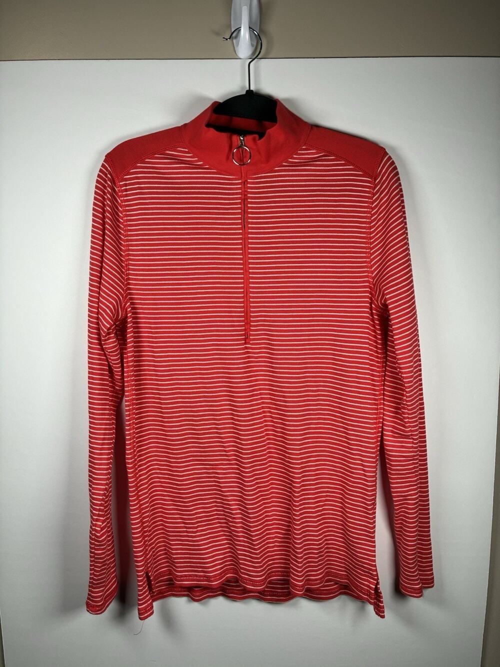 Lauren Ralph Lauren Womens L Red White Striped Cotton Quarter Zip Mock Neck Top